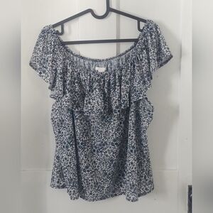 2/$25 Women's H&M Ruffled Floral Blouse Blue White Size XL Y2K